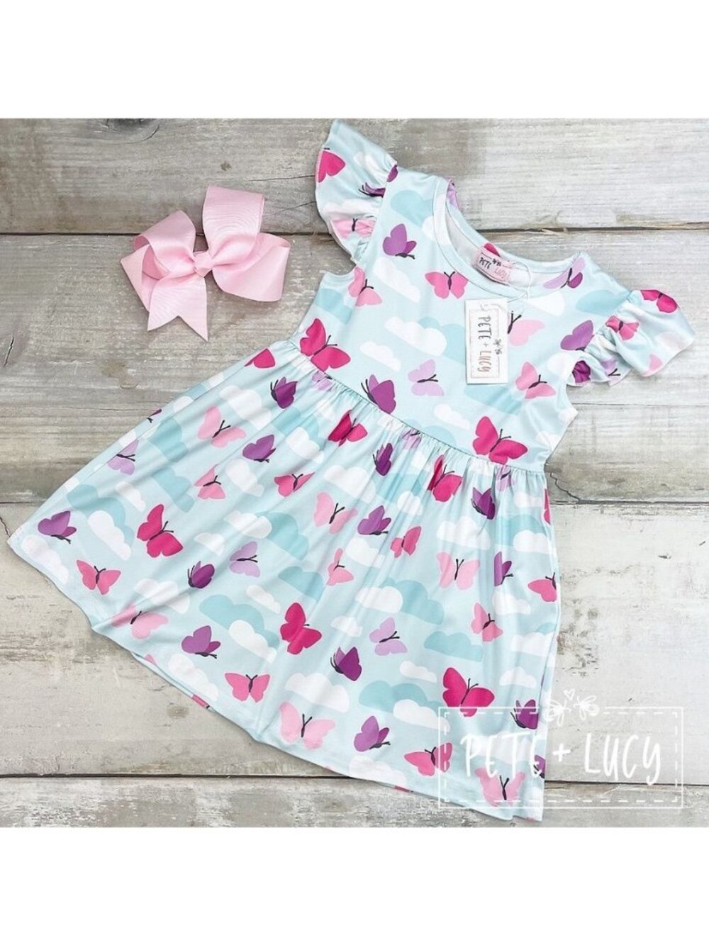 Pete + Lucy Dress Sz 7/8 Come Fly With Me Butterfly Short Sleeve Girls Dress NEW